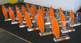 Completed trophies awaiting final inspection and packaging